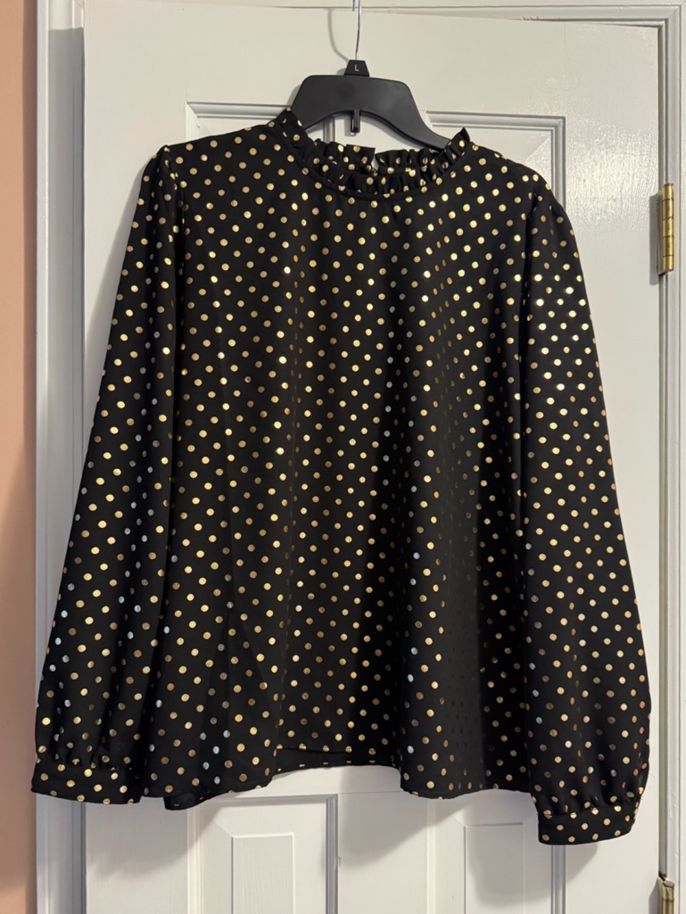 NWOT! Ann Taylor Factory Black and Gold Polka Dot Ruffle Neck Blouse in XL